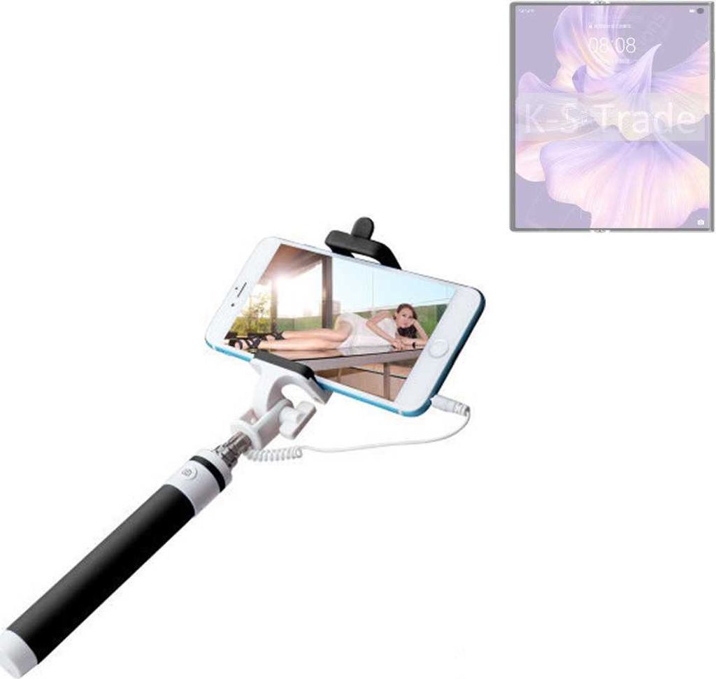 K-S-Trade Selfie Stick kompatibel mit Huawei Mate Xs 2 Selfiestick kabelgebunden Monopod mit Kabel Stab Stange Selfportrait Handheldstick schwarz 1x