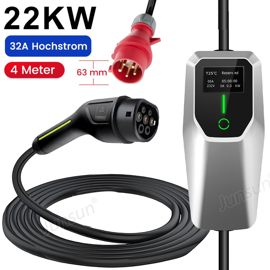 Ladestation Elektroauto 8/10/13/16/20/24/32A EVSE EU EV Ladekabel Typ2 Tragbares Ladegerät Box 22KW 4m Phase 3 IP65