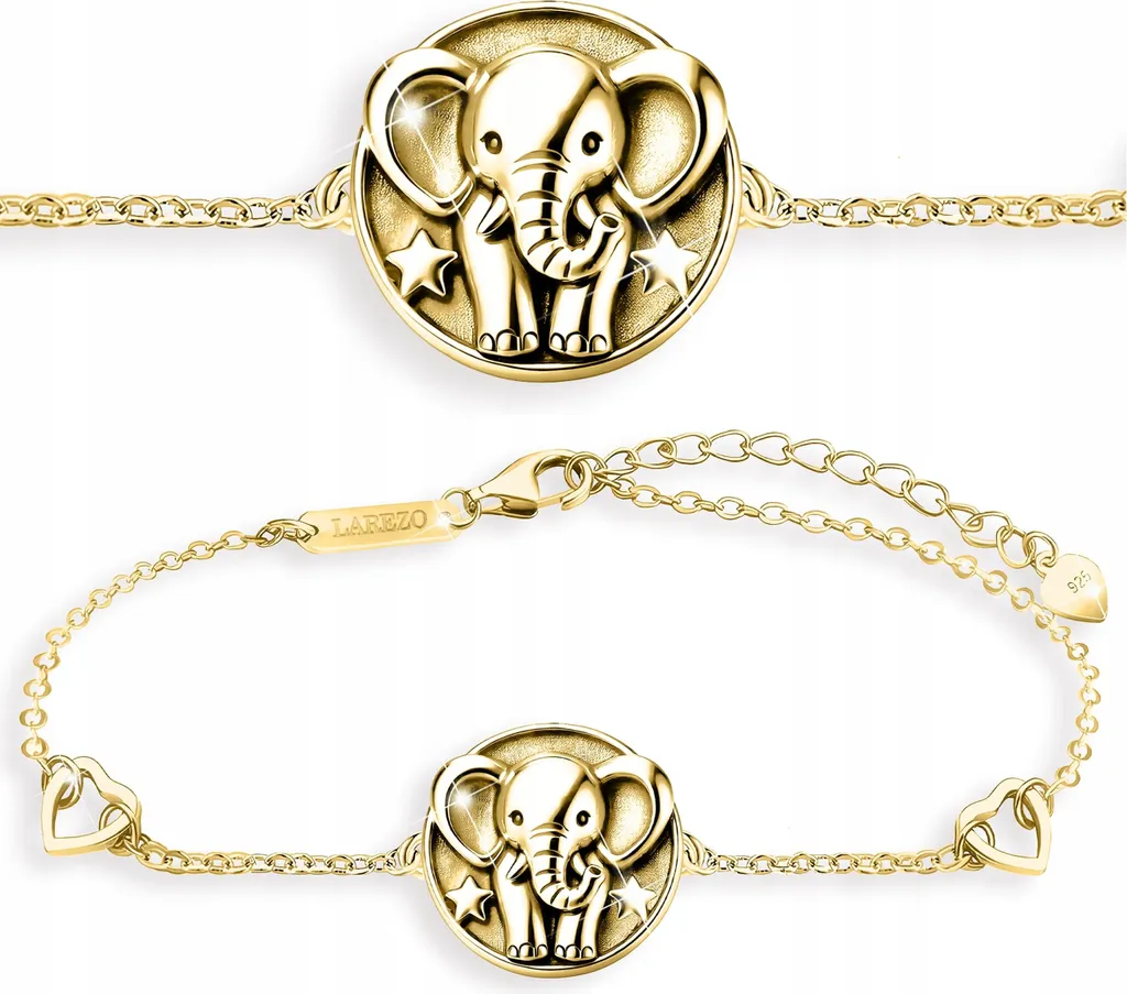 Bracciale Amuleto Elefante e Stelle Argento 925 Dorato: Forza e Saggezza