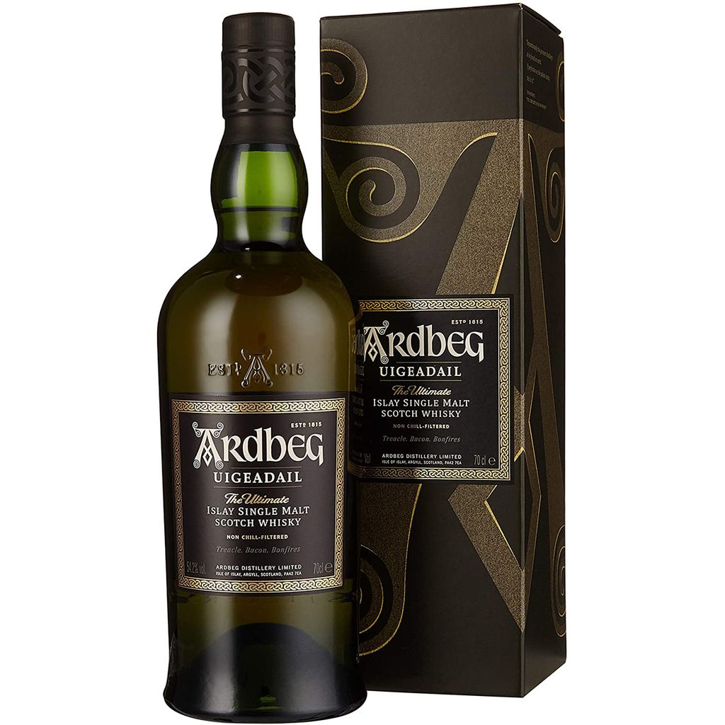 A bottle of Ardbeg Uigeadail Scotch Whisky and its gift box are displayed against a white background.