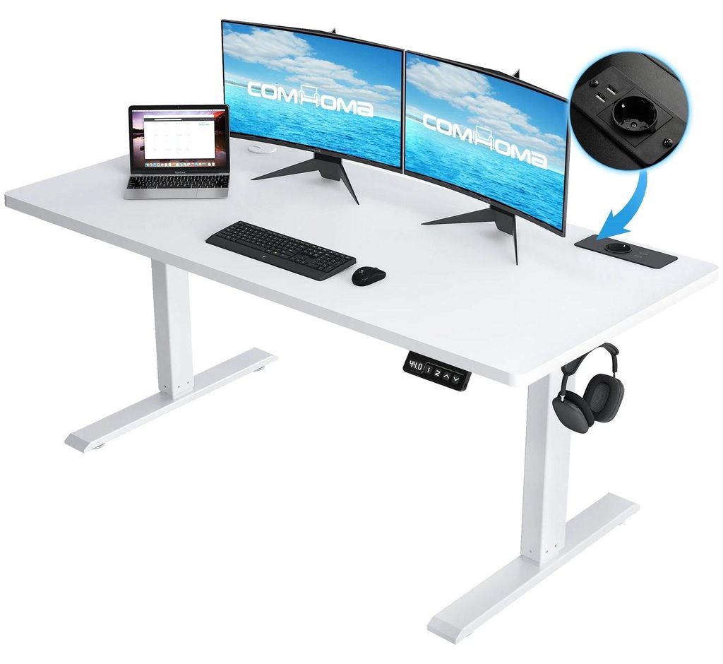 Elektrisch höhenverstellbarer Schreibtisch - Bürotisch - 140×60×116 cm - USB-Anschluss - Haken - Ergonomisch - Weiß