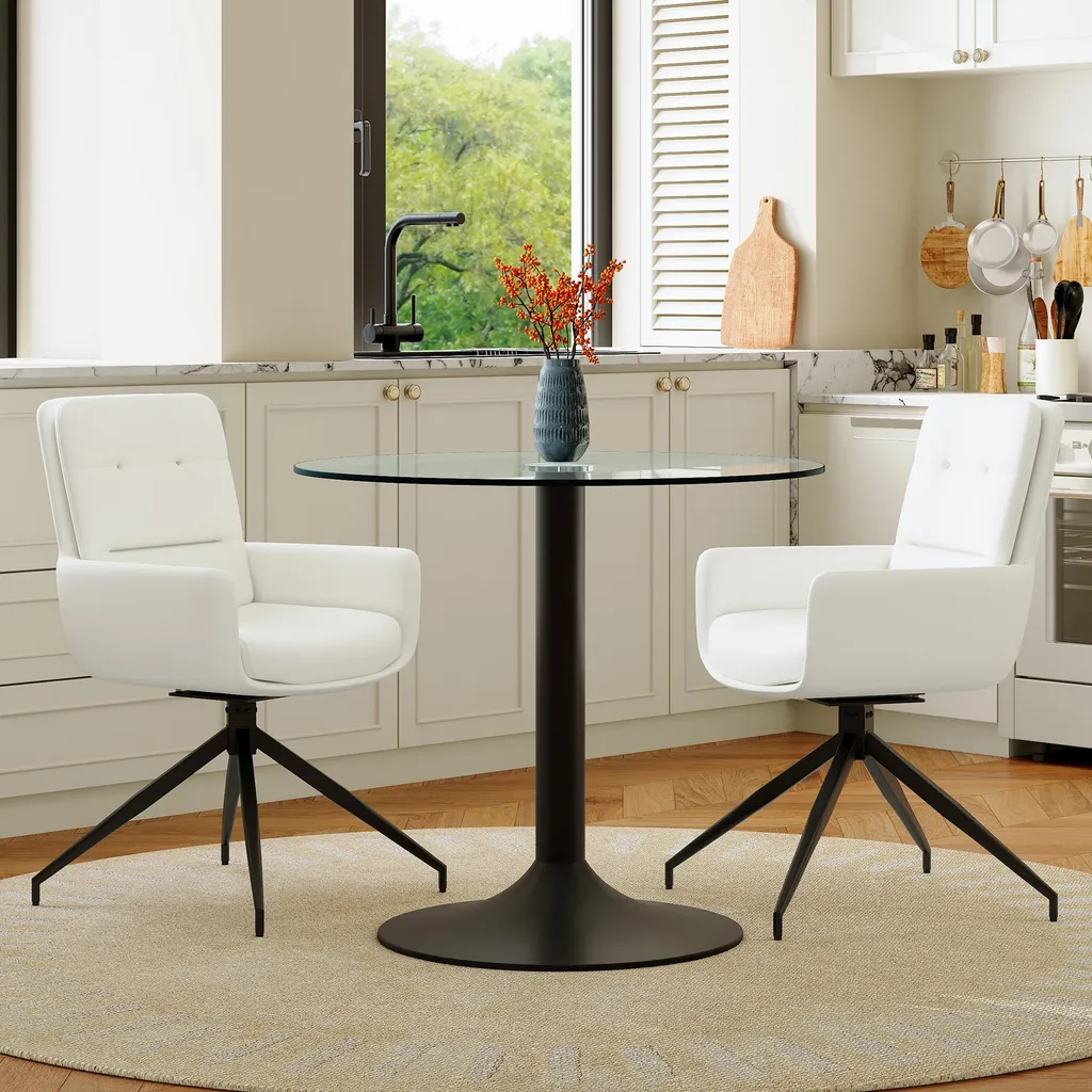 Coin repas compact table ronde en verre et 2 fauteuils pivotants blancs