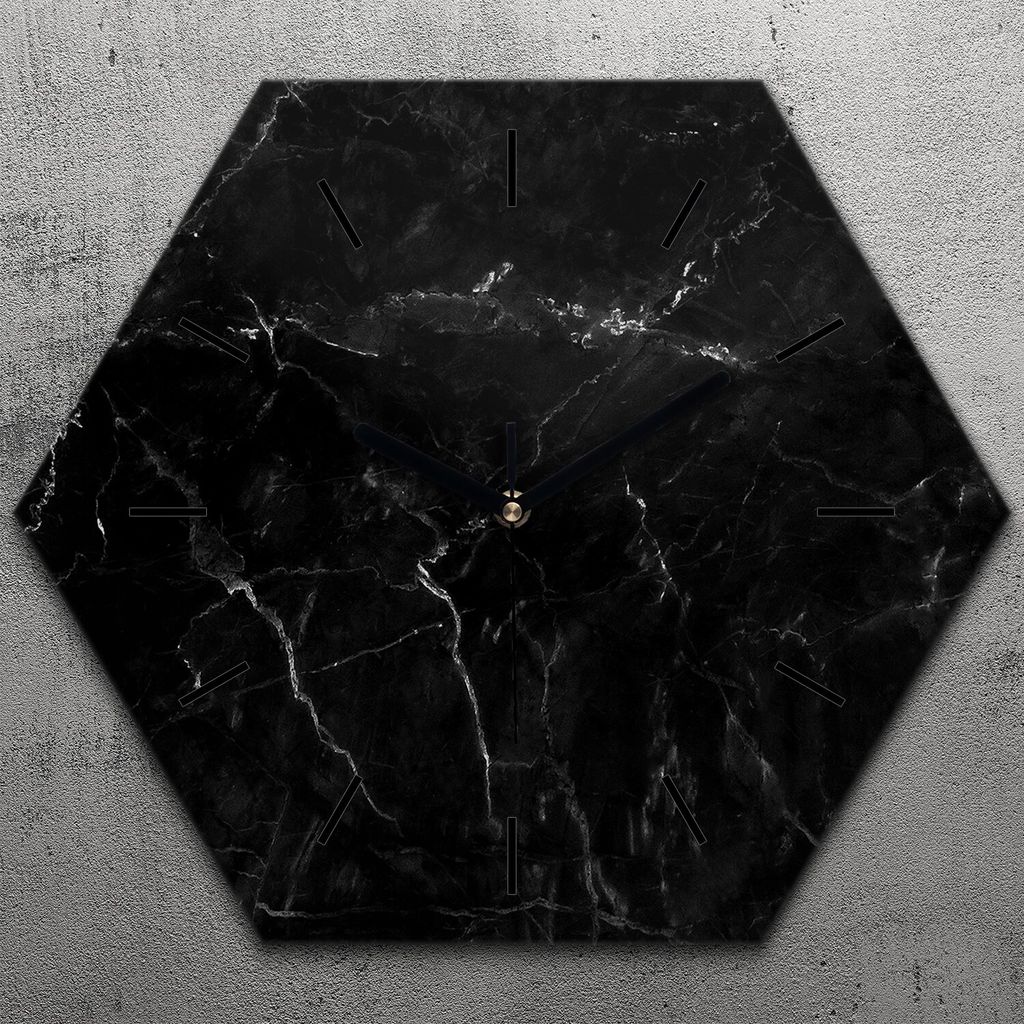Uhr hexagonal 40 cm Glas Geräuschlos schwarze Zeiger - schwarz Marmor