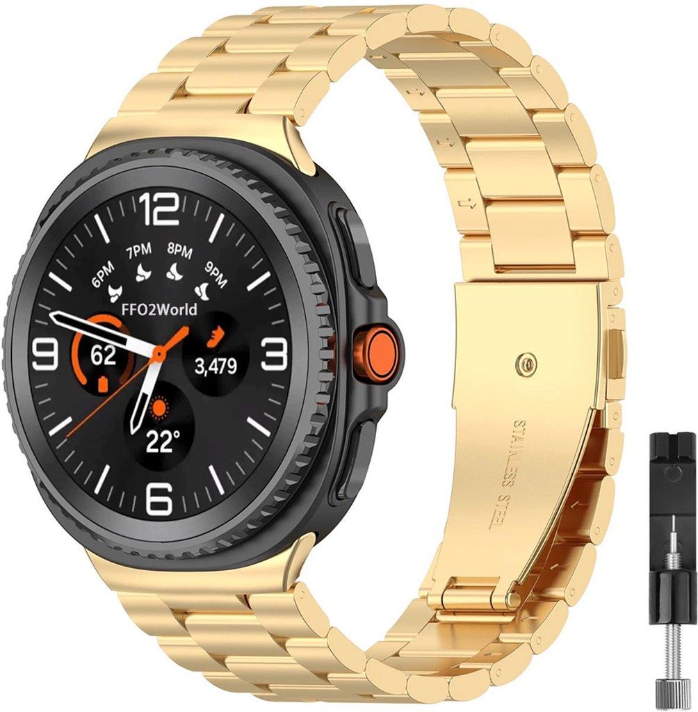 FFO2World Edelstahl-Gliederarmband für Samsung Galaxy Watch 8 (40/44 mm) und 8 Classic (46 mm) – hochwertig, verstellbar, inkl. Kürzungsset - Gold