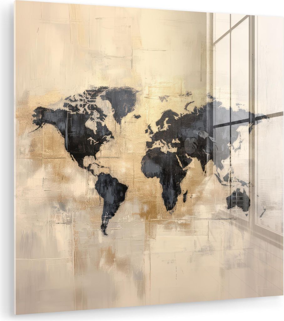 MuchoWow Glasbilder - Bilder auf Wandbild - Foto auf Glas Weltkarte - Gold - Schwarz - Abstrakt 20x20 cm Wanddekoration aus Glas - Acrylglasbild - ...