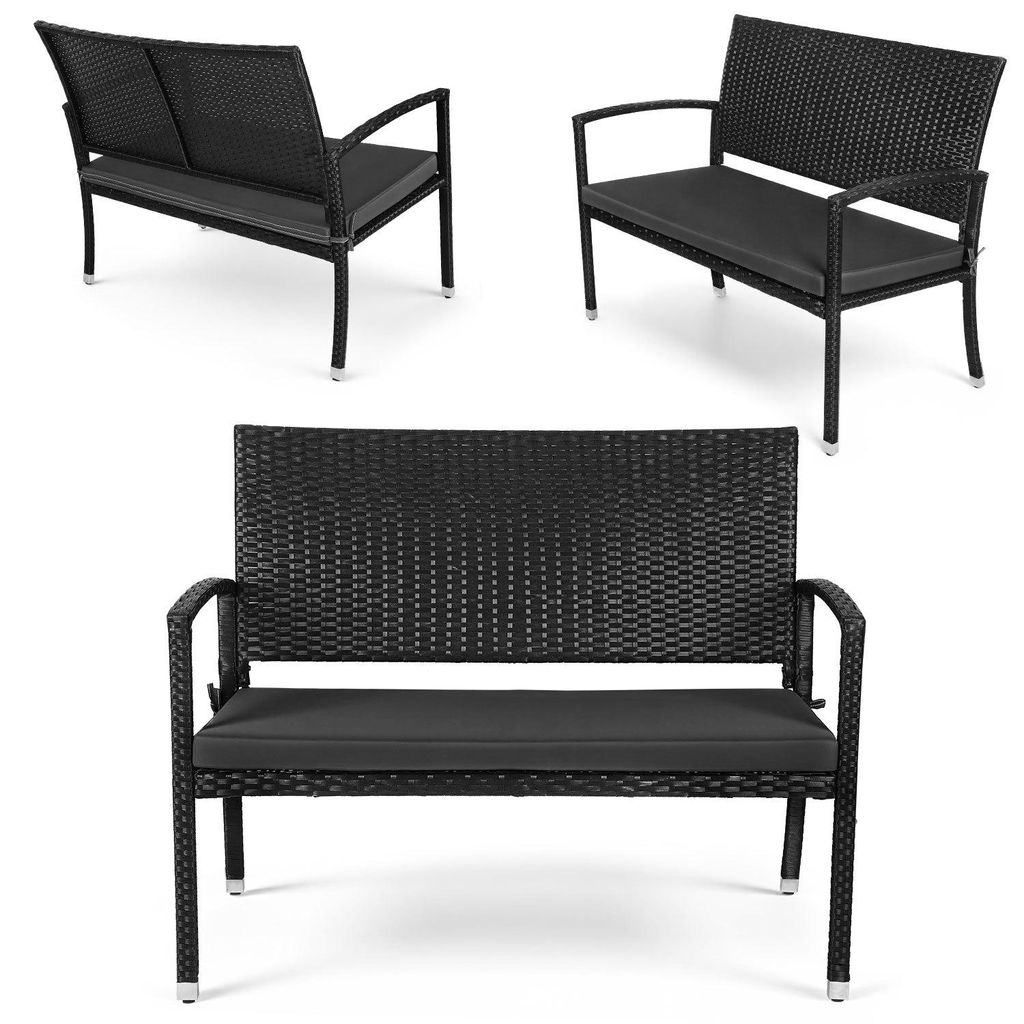 Eikuavons Gartenbank 2 Personen Schwarz Rattan-Optik mit Polster, Sitzbank für Balkon Terrasse Garten