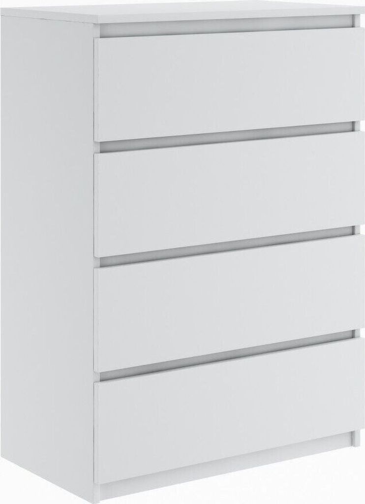 A white chest of drawers with four drawers.