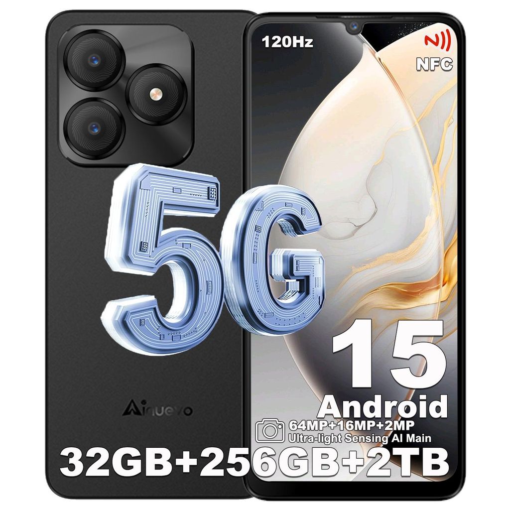 A marketing image of a smartphone, showing its front and back, with overlaid text and graphics highlighting its features.