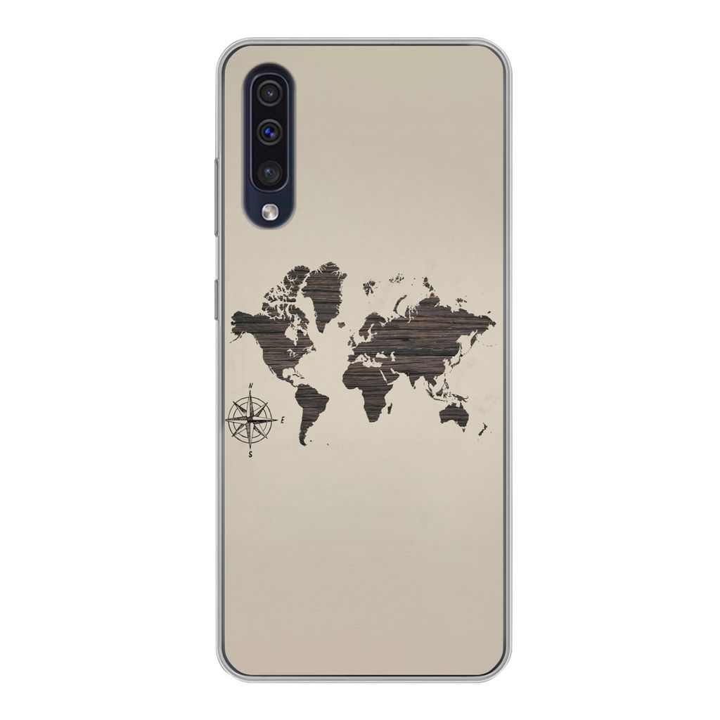 MuchoWow Handyhülle Schutzhülle Hülle für Samsung Galaxy A30s Weltkarte - Holz - Braun Silikon Softcase Handy Hülle - Karteninhaber