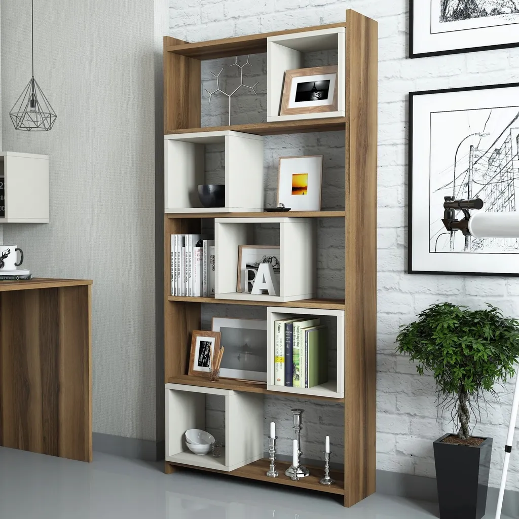 Meuble bibliothèque bicolore en bois mélaminé pour salon moderne