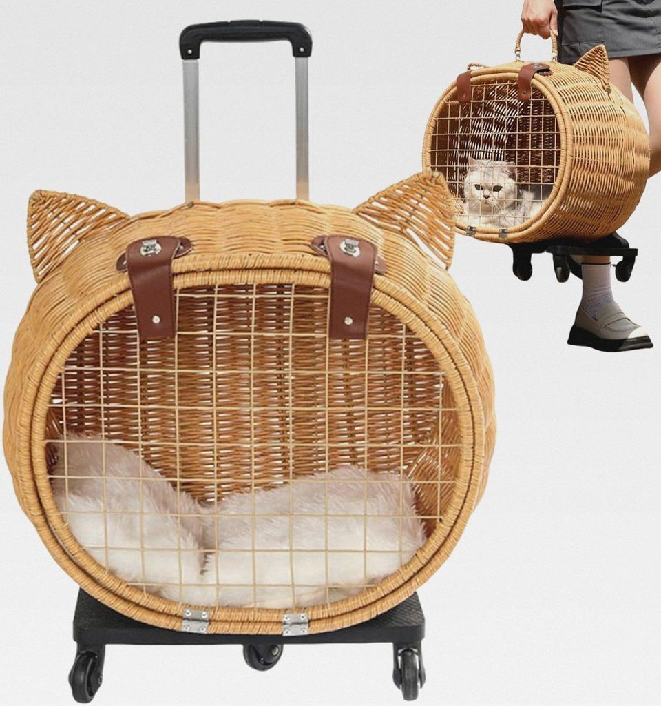 Katzenwagen,Geflochtenes Rattan Hundewagen Transportwagen - Atmungsaktive Haustiertasche Mit Teleskopgriff Für Camping Einkaufen Picknick Outdoor ...