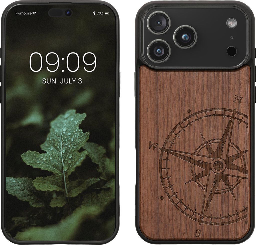 kwmobile Hülle kompatibel mit Apple iPhone 17 Pro Max Hülle - Holz Case - Handy Cover - TPU Handyhülle in Dunkelbraun Kompass Vintage