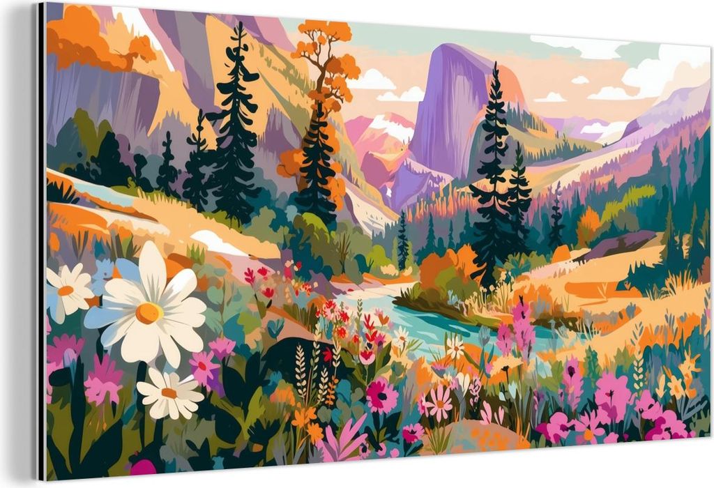 MuchoWow Wanddekoration Metall Metallbild Wandkunst 120x60 cm Fluss - Tal voller Blumen - Lebendig MuchoWow Aluminium Gemälde - Metalbilder