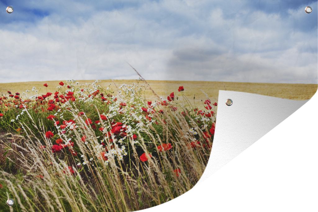 MuchoWow 120x80 cm Outdoor-Poster Gartendeko Sichtschutz Garten Poster für den Garten Wolken - Blumen - Rot
