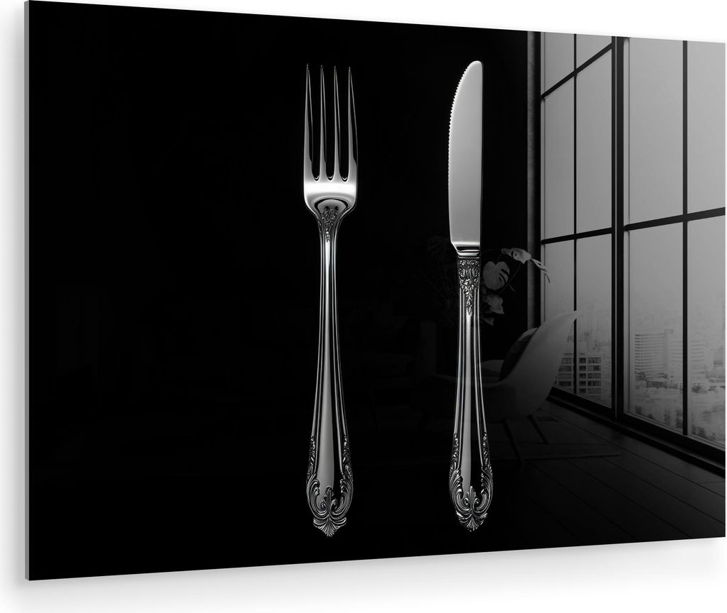 MuchoWow Glasbilder - Bilder auf Wandbild - Foto auf Glas Gabel - Messer - Silber 30x20 cm Wanddekoration aus Glas - Acrylglasbild - Acrylbilder - ...
