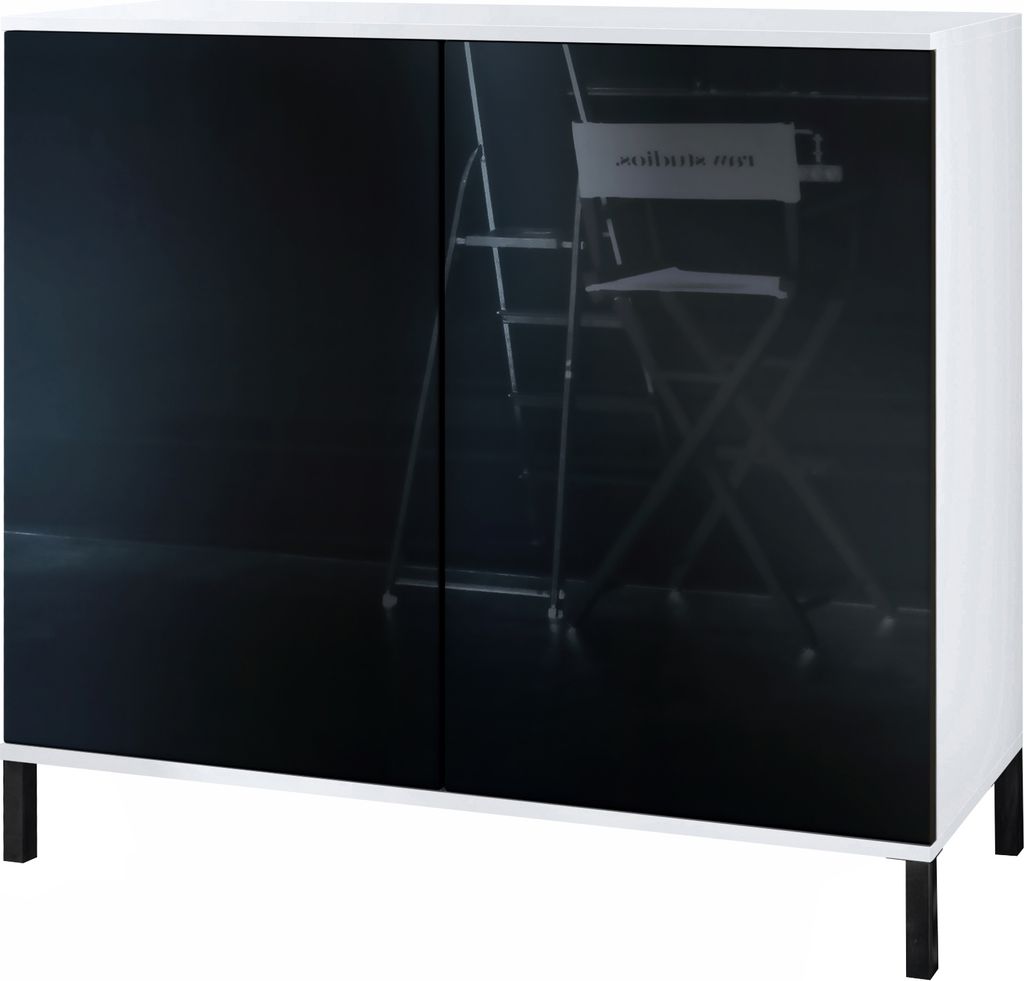 Vladon Kommode Skadu V3, Moderner Küchenschrank mit 2 großen Türen Weiß matt / Schwarz Hochglanz (92,5 x 83.5 x 35)