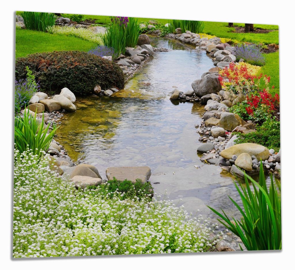 Wallario Herdabdeckplatte aus Glas, Größe 60 x 52 cm 1-teilig, Motiv Blumen am Teich