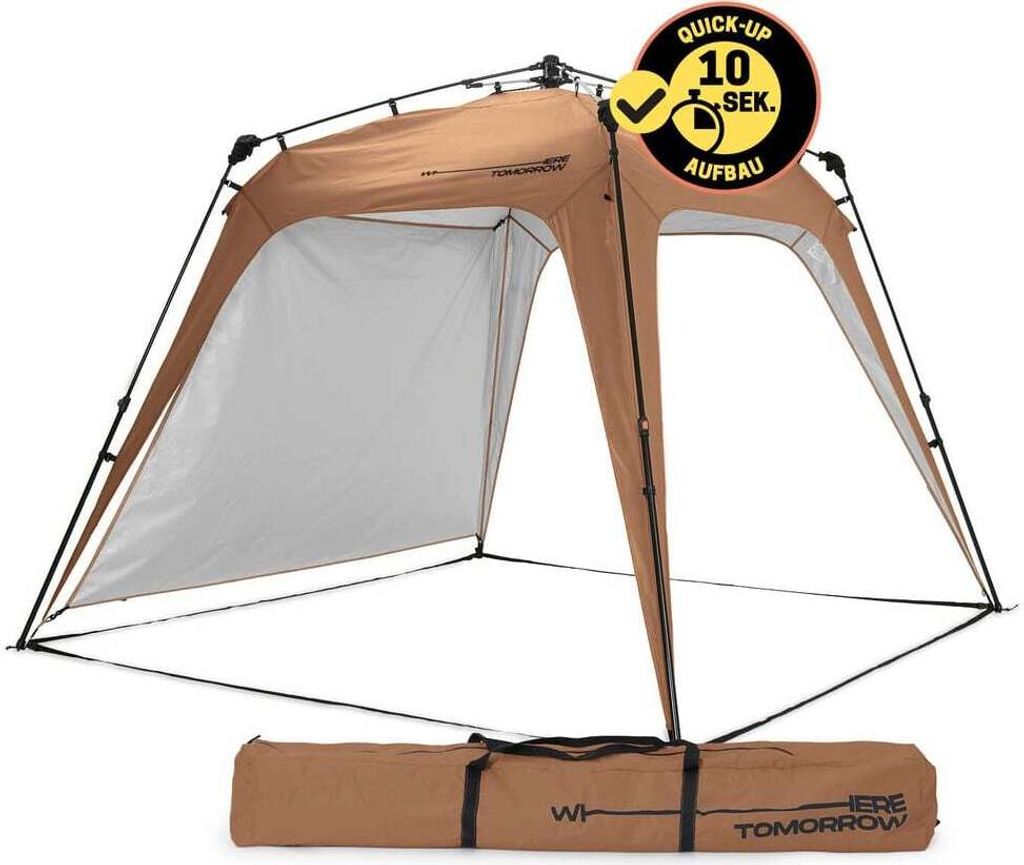 A pop-up pavilion is shown set up, with its carrying bag placed in front of it.