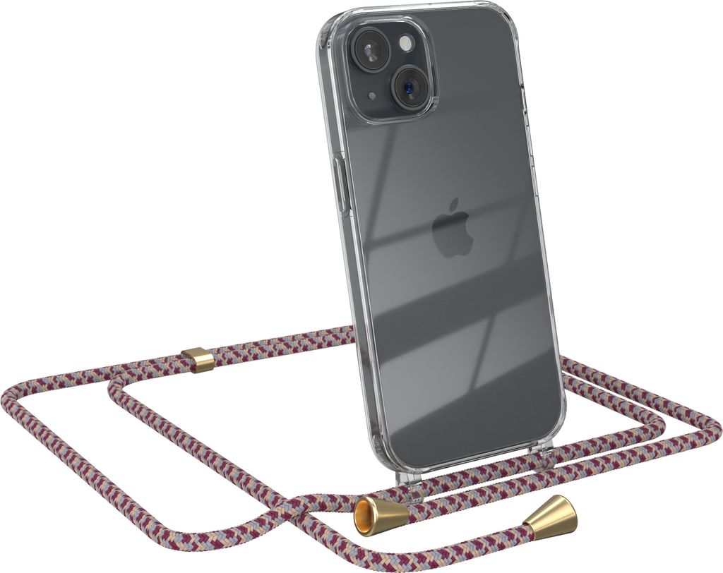 EAZY CASE Handykette kompatibel mit Apple iPhone 15, Handyhülle mit Umhängeband, Handykordel, Schutzhülle Clear, Band in Rot
