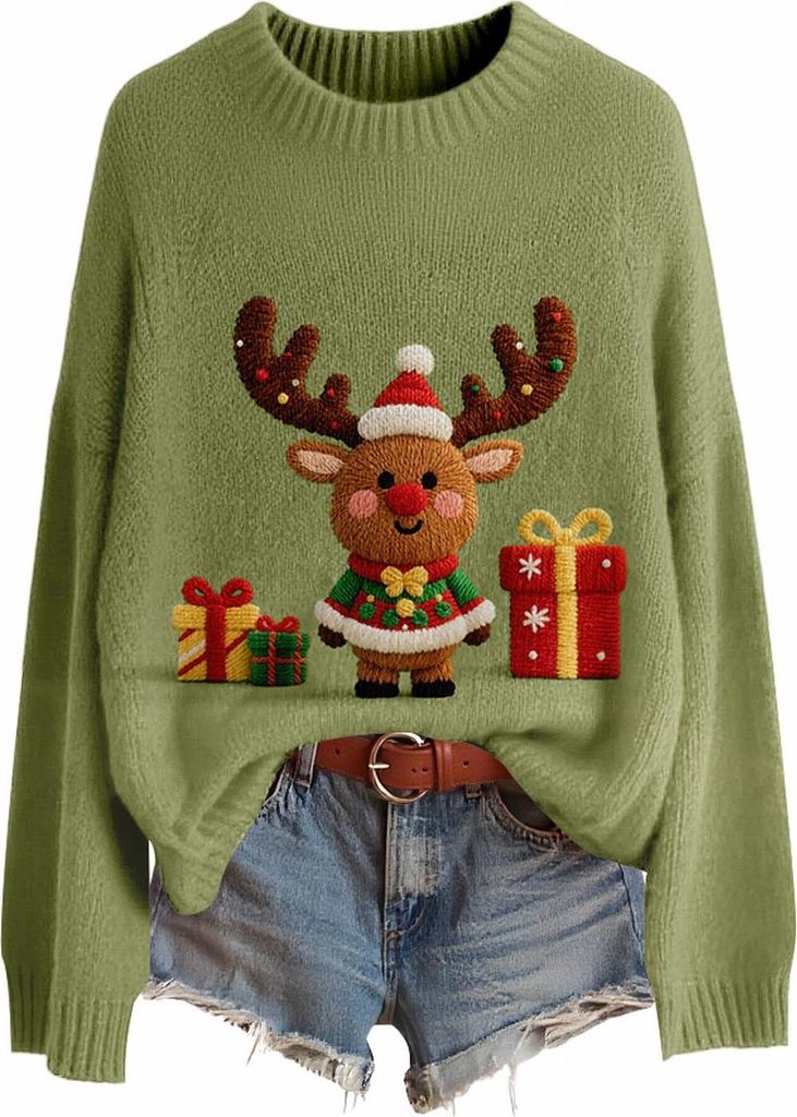 ASKSA Damen Weihnachtspullover,Strickpullover Rundhals Pulli Sweater Herbst Winter Warm Strickpulli Weihnachtspulli (C-Gruen,S)
