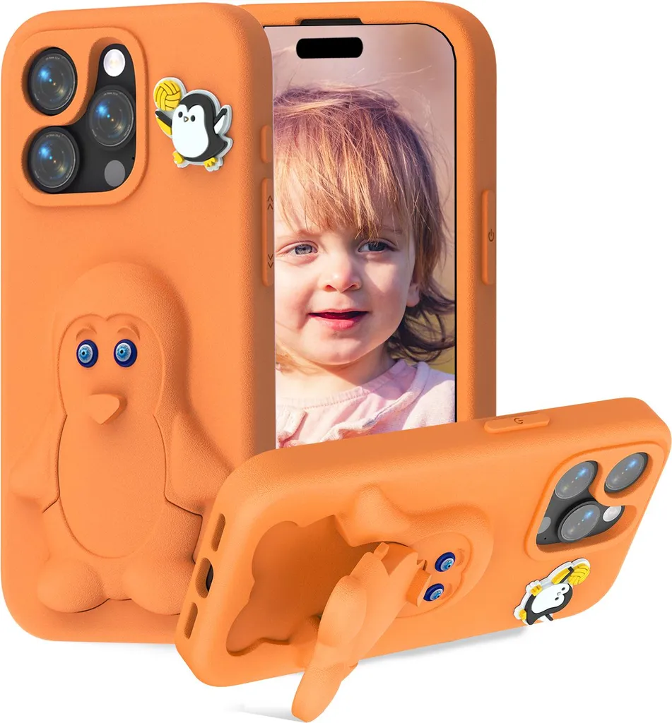 Cover iPhone 15 Pro Max Bimbi Pinguino Arancio EVA Anti-Caduta