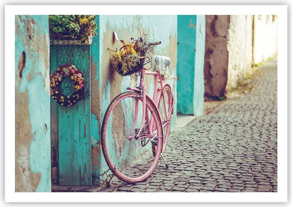 Poster - Poster ohne Rahmen - Rosa Fahrrad Vintage - 100x70 cm - Wand Bild - Wanddeko - Wandbilder - Kunstposter - Wandposter - Bilder - Kunstdruck...