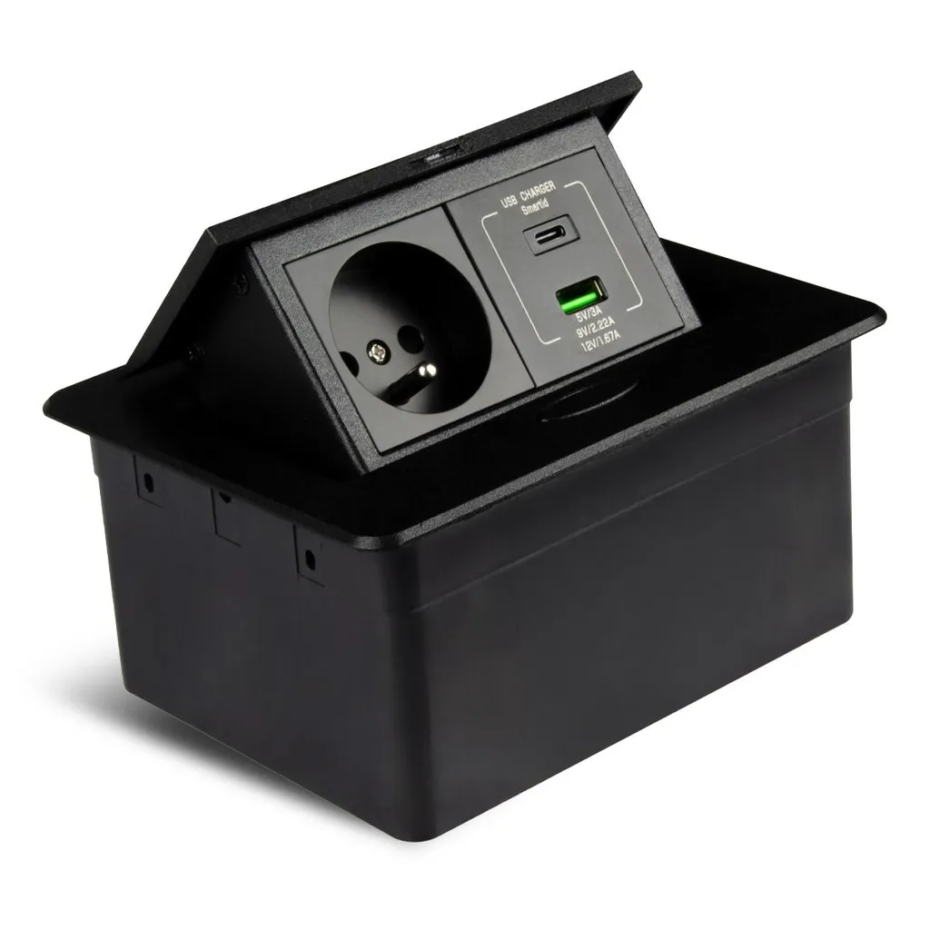 Prise encastrable cuisine noir mat 1x230V et 2x USB série Slim Design