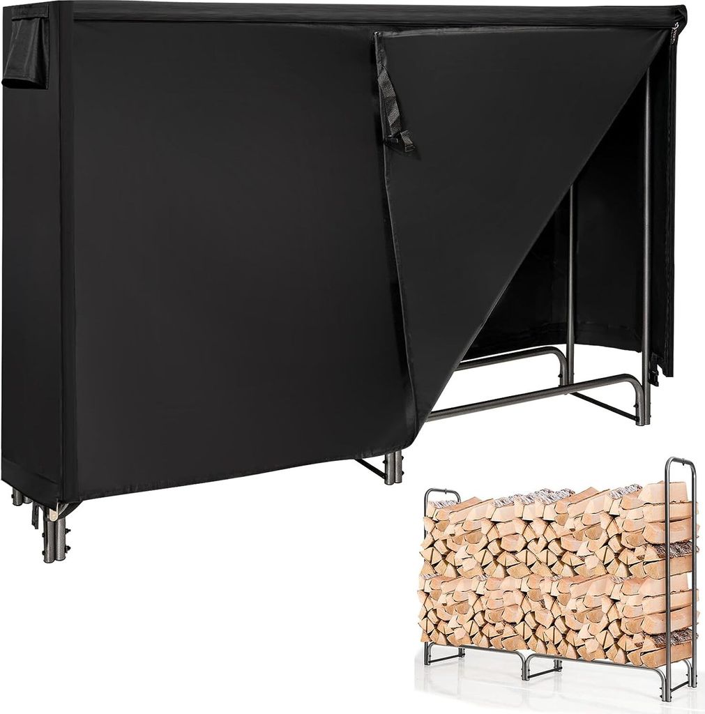 A black cover for a firewood rack is shown, with a portion of the rack and firewood visible underneath. A separate image of a firewood rack filled with wood is shown in the lower right corner.