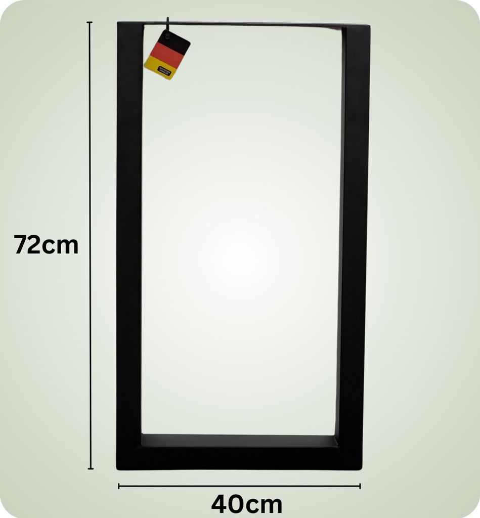 A black metal table leg frame with dimensions indicated.