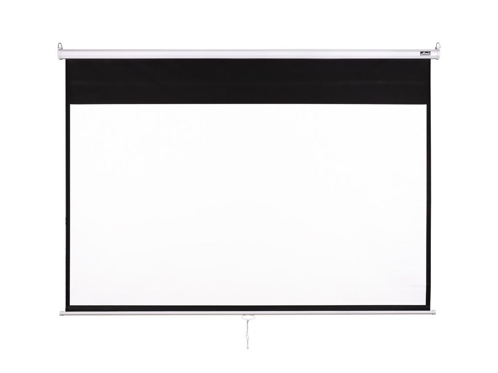 A white projection screen is shown against a white background.
