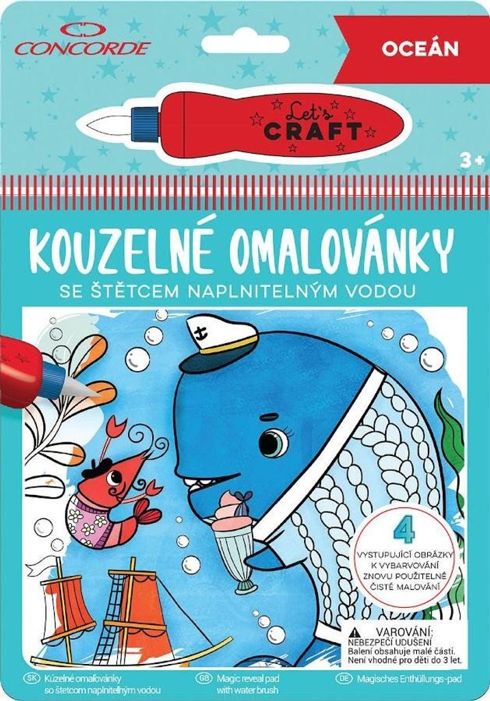 Wiederverwendbares Malbuch Ozean: Farben erscheinen mit Wasser, 4 Bildoberflächen, inkl. Pinsel