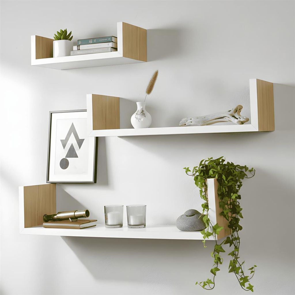 3x Wandregal aus Holz, natur furniert / weiß, Regalset, Produktbild 