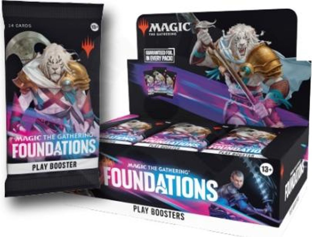 A Magic: The Gathering Foundations Play Booster pack and display box.