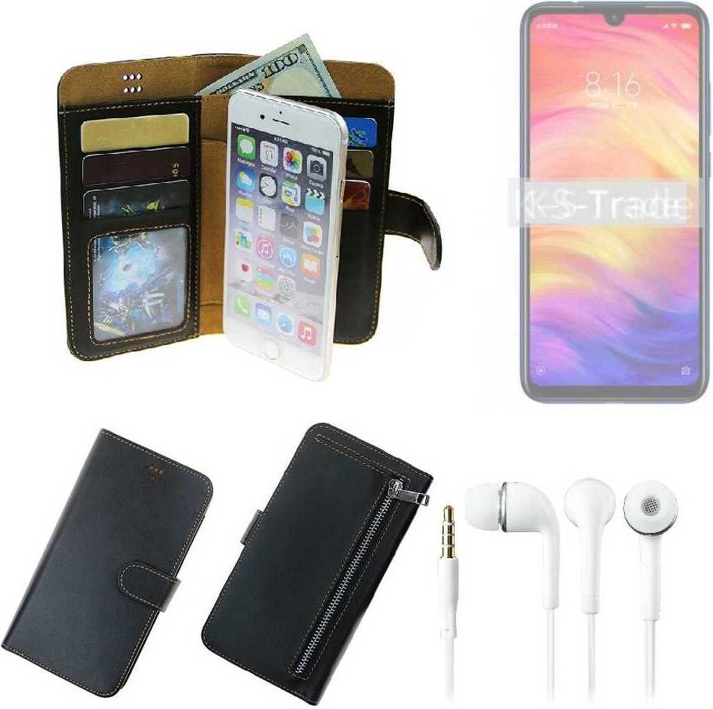 TOP SET Handy Hülle Schutz Hülle kompatibel mit Xiaomi Redmi Note 7 india schwarz aus Kunstleder + Kopfhörer Smartphone Tasche vollwertige