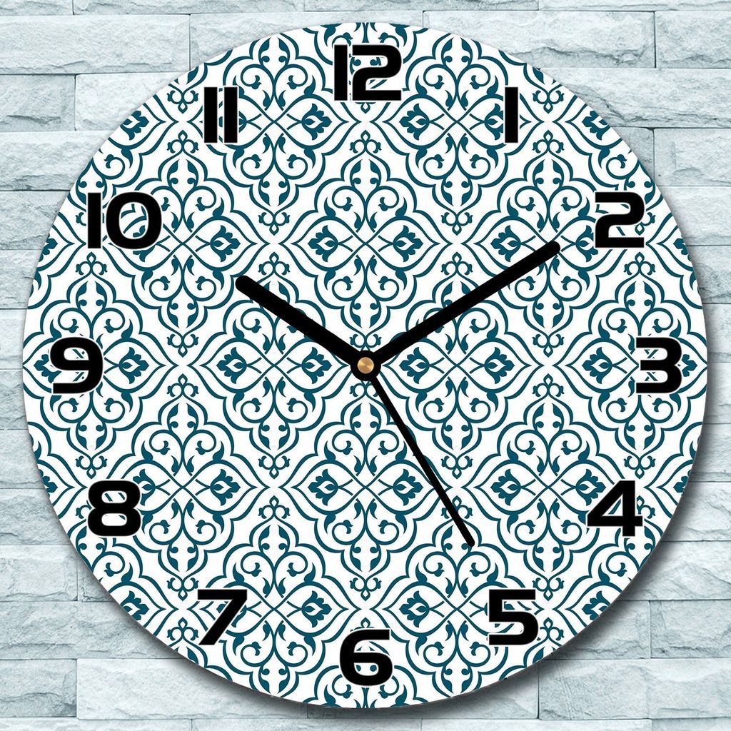 Wanduhr aus Glas Rund fi 30 Blau Ornament Weiß Quarz Deko Produktbild 