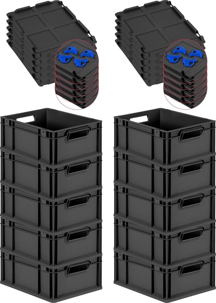 SuperSparSet 10x Eurobox NextGen Grip mit Auflagedeckel inkl. 4 blauen Schiebeschnappverschlüssen | HxBxT 17x30x40cm | 16 Liter | Schwarz | Griffe...