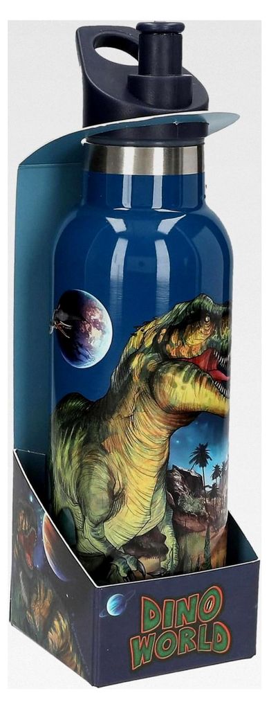 Dino World Galaxy - Trinkflasche in Dunkelblau mit Dinosaurier Motiv, Edelstahl, Fassungsvermögen ca. 500 ml