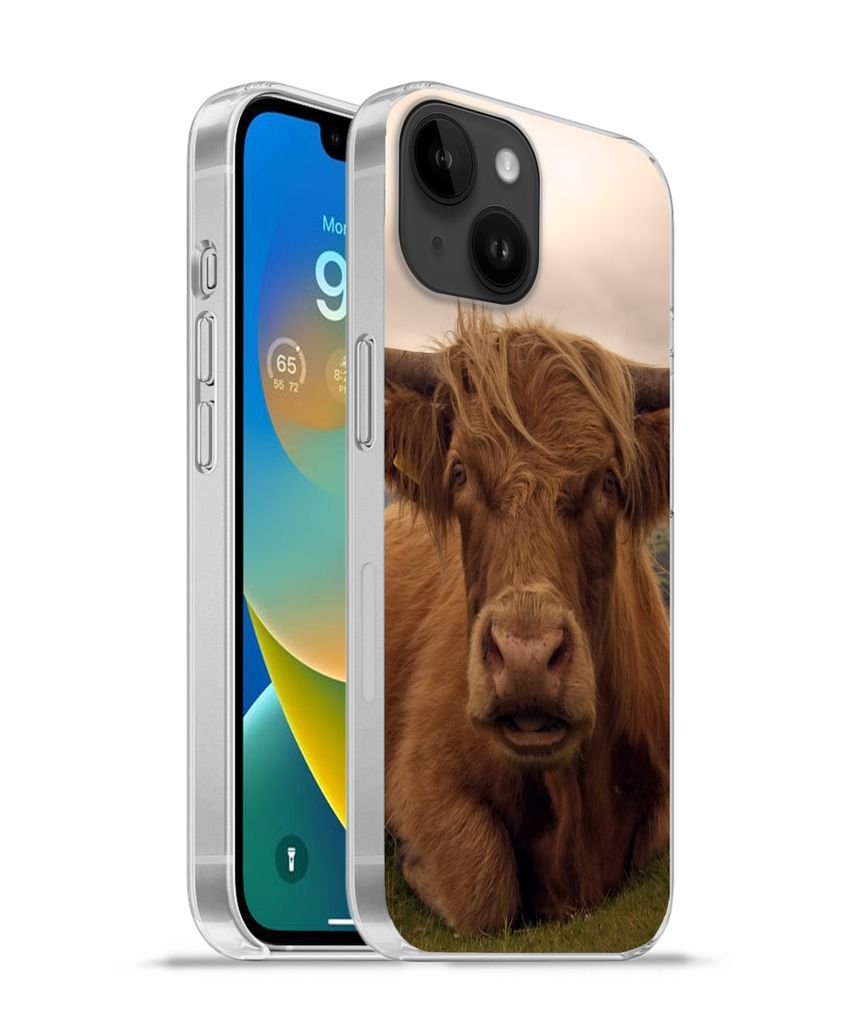 MuchoWow Handyhülle Schutzhülle Hülle für Apple iPhone 14 - Softcase Schottischer Highlander - Tiere - Berg Silikon Softcase Handy Hülle - M...