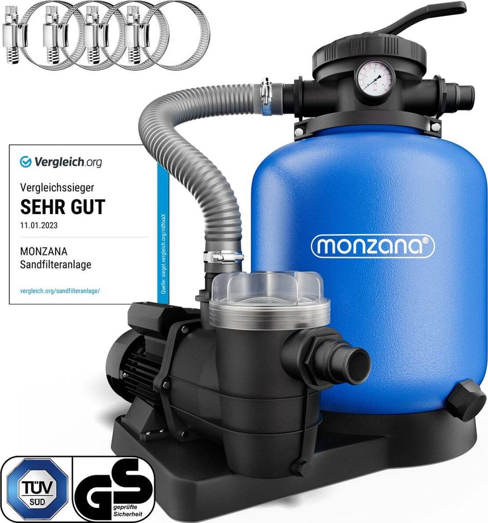 A sand filter system for a pool, including the pump and filter tank, is shown against a white background.