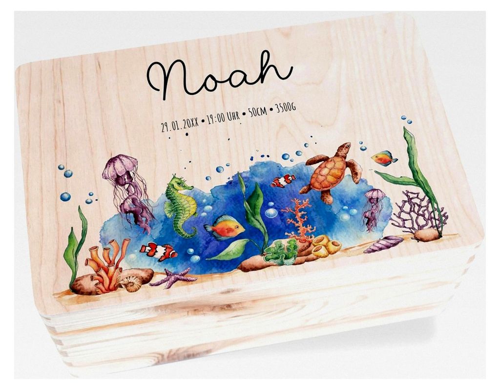 Geschenkbox aus Holz - Erinnerungsbox für Babys mit Meeresmotiven | Personalisierbare Holzkiste zur Geburt mit Name, Datum, Größe und Uhrzeit | ...