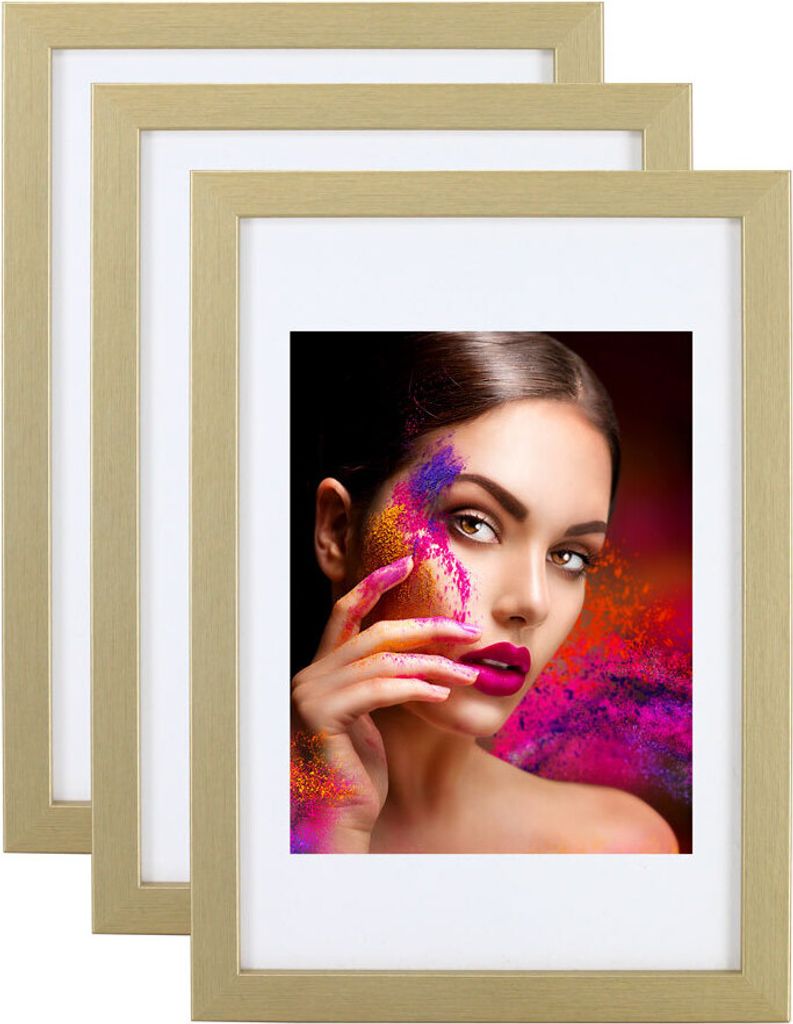 2er 3er 5er Set Holz Bilderrahmen Lifestyle Plexi Foto Rahmen Collage Wanddeko Poster HR-25 - Farbe: 3er Pack Gold | Format: 50x70