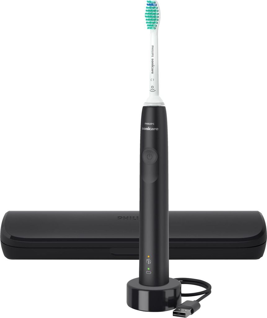 A black electric toothbrush with its charging base and travel case, presented on a white background.