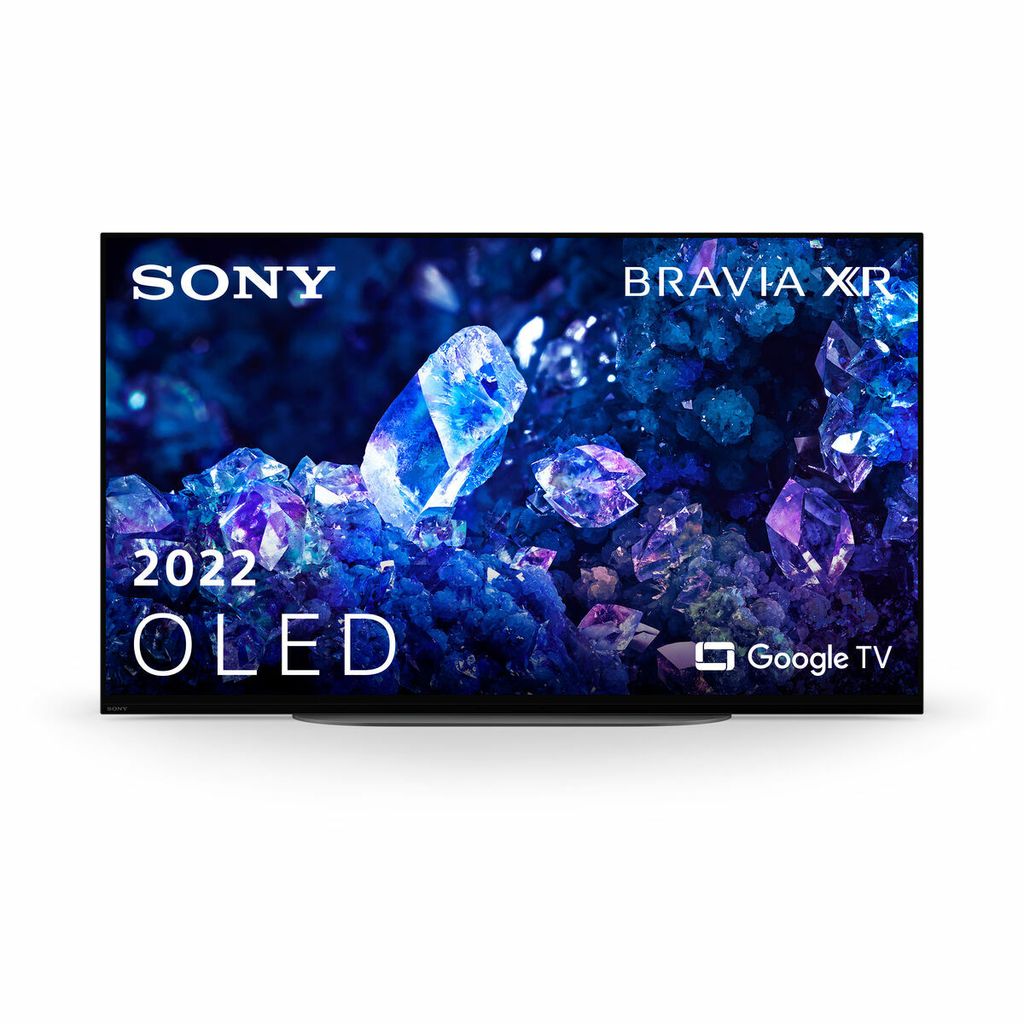 A Sony Bravia XR OLED TV displaying a vibrant, abstract image of blue and purple crystals.