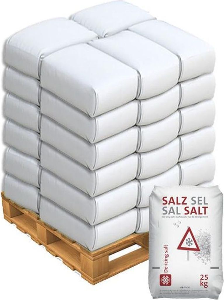 A pallet stacked with bags of de-icing salt.