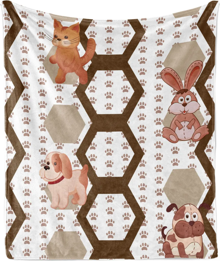 ABAKUHAUS Coperta morbida in flanella e pile con motivo animale per bambini con gatto, cane e coniglio con impronte di zampe e esagoni, 175 x 230 cm, multicolore