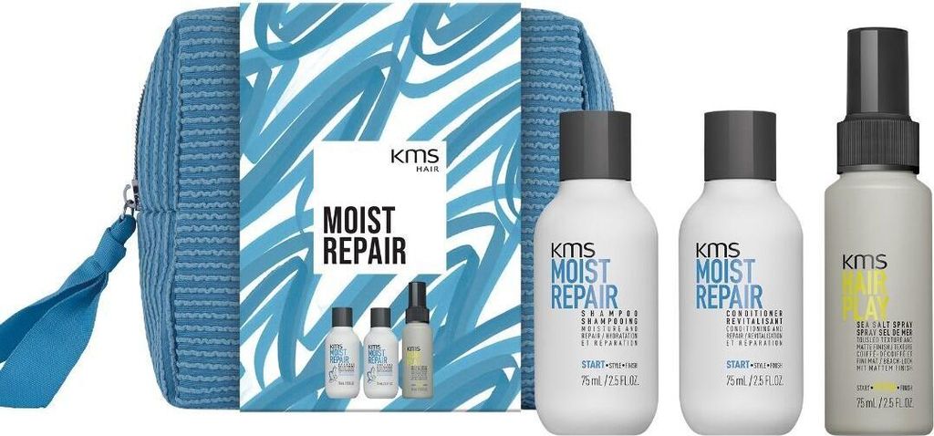 KMS Moistrepair Travelset - Shampoo 75 ml + Conditioner 75 ml + Sea Salt Spray 75 ml + Kosmetiktasche