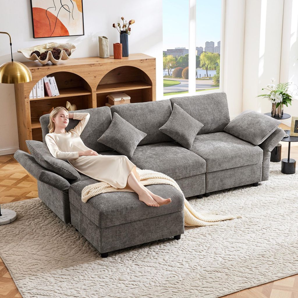 Merax Couch Ecksofa, L-Form Soffa mit Schlaffunktion, 4 Kissen, Fußstütze, Verstellbare Armlehnen, Wohnzimmersofa, Couchgarnitur, Linen, Grau