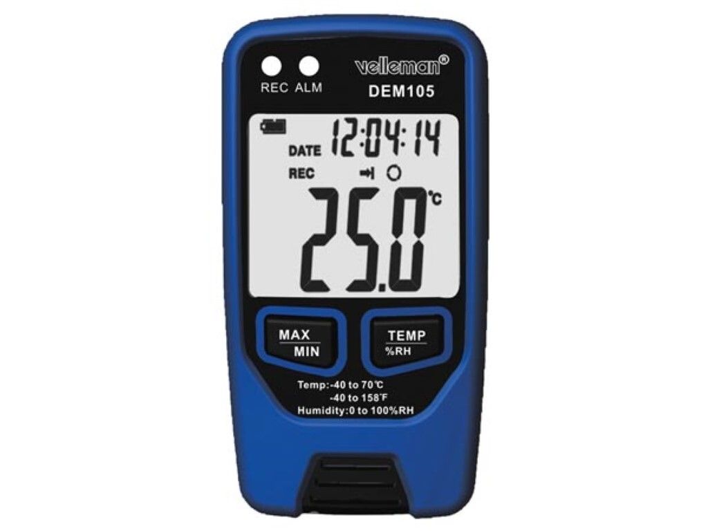 Velleman Datalogger, misst Temperatur und Feuchtigkeit, USB, LCD-Display, lauter Alarm, lange