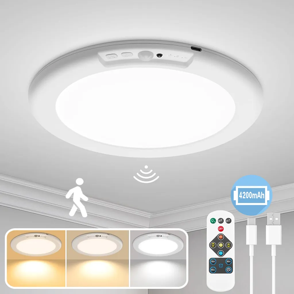 Plafoniera LED Smart a Batteria: Sensore Movimento e 3 Colori Luce