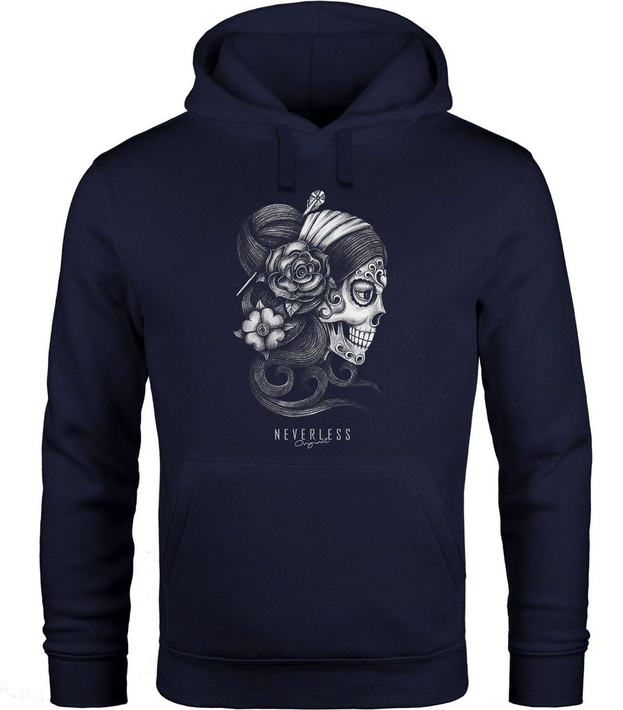 Hoodie Herren Santa Muerte La catrina Mexican Skull Dia de los Muertos Tattoo Design Kapuzen-Pullover Männer Neverless navy 4XL